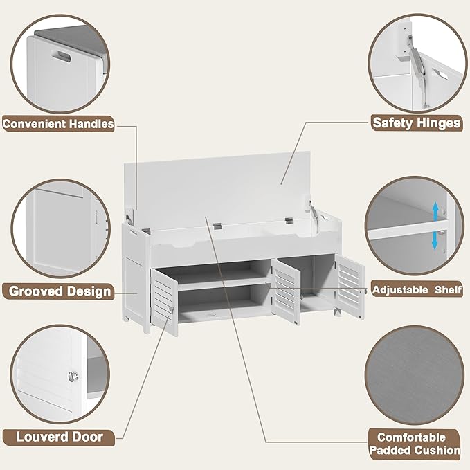 ChooChoo 41.3" Shoe Storage Bench with Lift Top Storage, Entryway Bench with Cushioned Seat, Adjustable Shelf, Shoe Cabinet with Hidden Space, for Entryway, Bedroom, Living Room, White