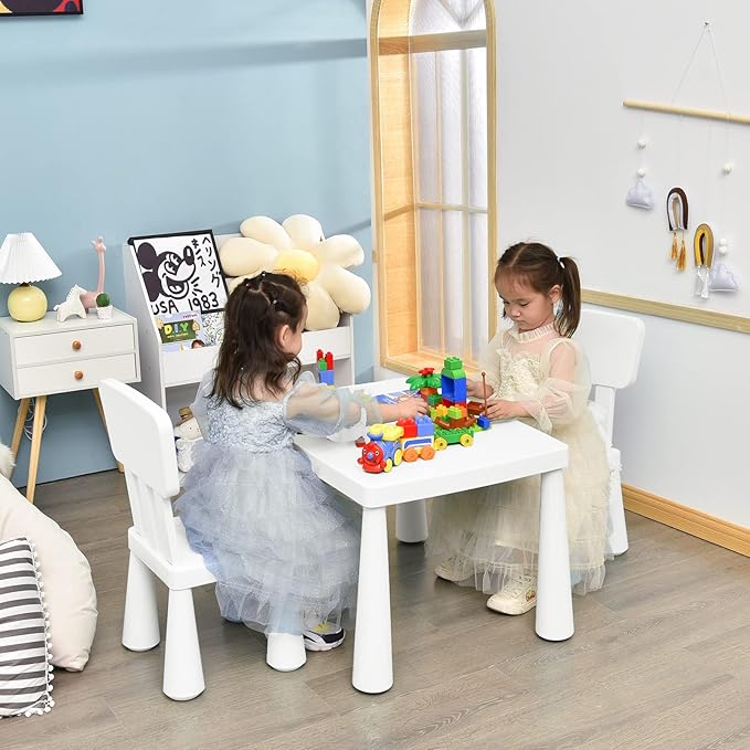 LDAILY Kids Table and Chairs, 3-Piece Children Arts Nursery Furniture for Drawing, Reading, and Painting, Light Weight Plastic Activity Kids Desk and Chair Set for Playroom, Kindergarten (White)