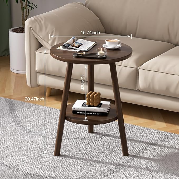 OERGKE Round End Table, Small Side Tables with Lower Shelf, Coffee Table, Bedside Table, Mid Century Modern Nightstand for Living Room, Bedroom, Corners and Office (Walnut)