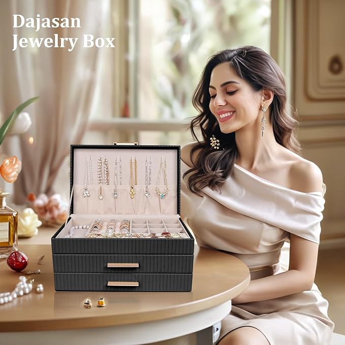 Dajasan Jewelry Boxes for Women, Jewelry Storage Organizer with 2 Drawers, Jewelry Organizer Box for Necklaces Rings Earrings Bracelets, Gift Idea, 10.71 x 7 x 5.6 Inches (Black)