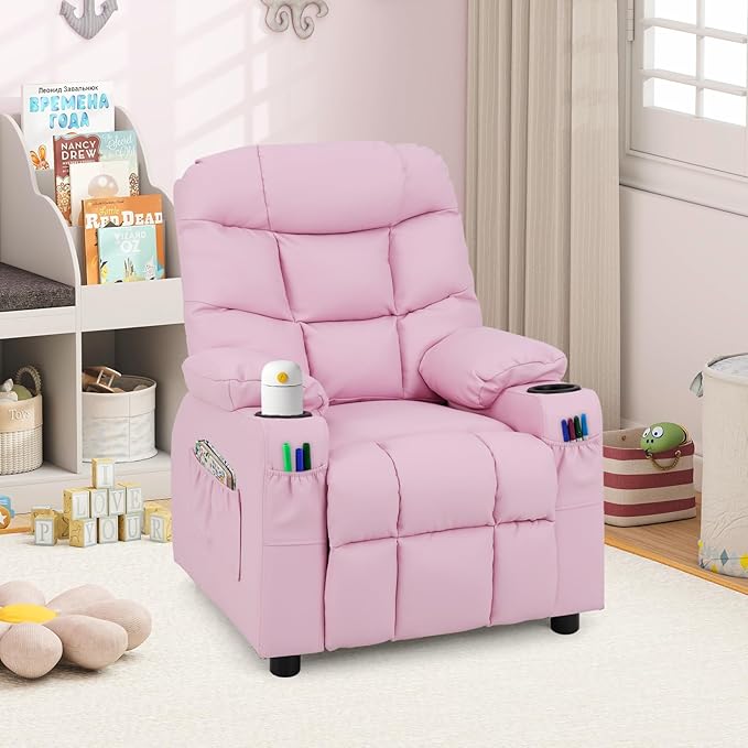 GLACER Kids Recliner Chair w/Cup Holder & Side Pockets, Children Recliner w/Comfortable Backrest, Armrests & Footrest, Toddler PU Leather Recliner for Boys Girls, 3+ Age Group (Pink)