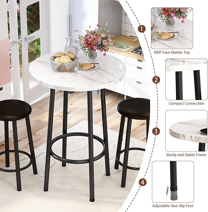 Dining Table Set, 23.6" Round Faux Marble Table with 2 PU Upholstered Backrest Chairs, 3-Piece Kitchen Dining Room Set for Small Spaces, Kitchen, Restaurant Furniture, White