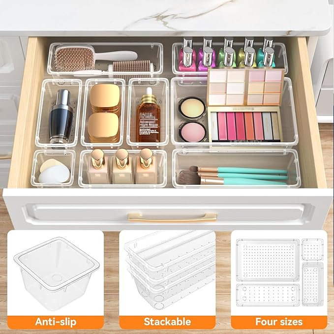 WOWBOX 44 PCS Clear Plastic Drawer Organizer Set, 5 Varied Size storage Bins and Desk Drawer Organizer Trays for Makeup, Gadgets, Jewelry and Utensils in Bathroom, Bedroom and Office, Clear