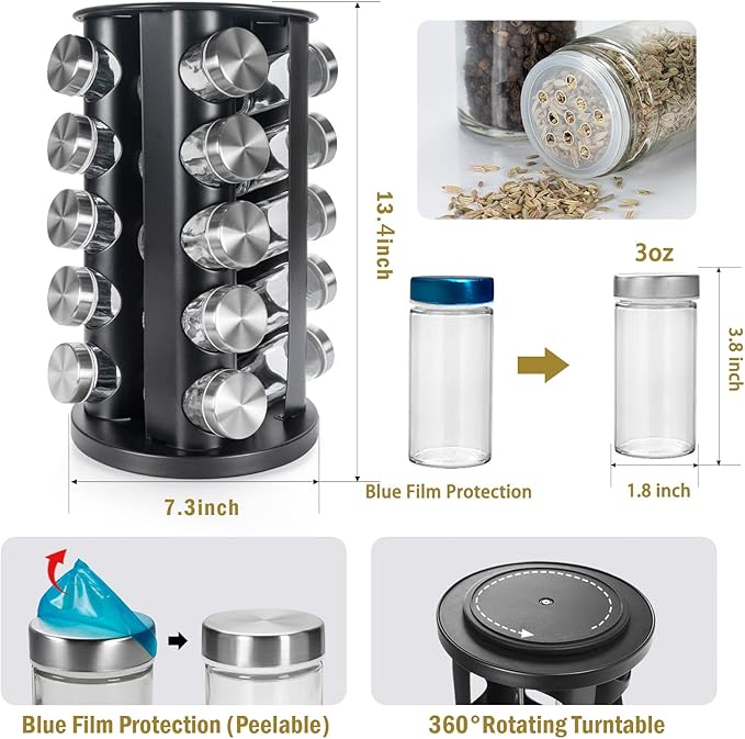 Black Countertop Revolving Spice Rack, Empty 20-Jars Rotating Spice Rack Organizer, Round Carousel Tower, 135 Spice Labels with Funnel Complete Set, for Kitchen Countertop, Cabinet