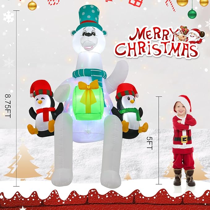 8 FT Polar Bear Inflatable Decoration Sitting on Roof with LED Lights and Kaleidoscope Lights, Suitable for Holiday Celebration Decorations on Yard, Lawn and Patio