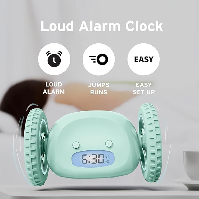 CLOCKY Extra Loud Alarm Clock for Heavy Sleepers on Wheels Rolls Runs Away Vibrating, Easy to Set Super Smart Snooze Digital Bed Shaker Alarm Clock Funny Gift for Adults Kids Teens Bedrooms (Mint)