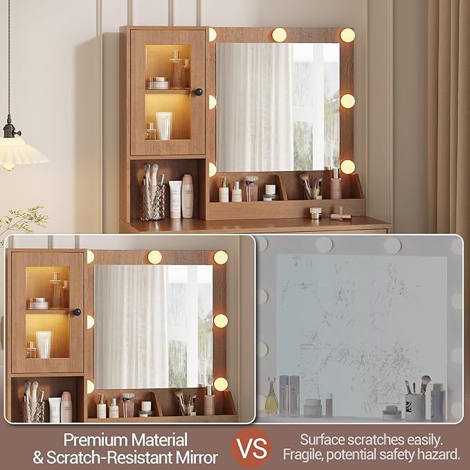 Vanity Desk with Mirror and Lights, Makeup Dressing Table w/Adjustable Bulbs, Outlets & USB Ports, Sturdy MDF Top & Metal Leg, Smart Storage Drawers & Cabinets for Bedroom