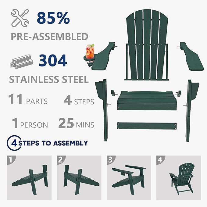 Plawdlik Folding Adirondack Chair, SGS Tested, Wooden Textured with Cup Holder, Heavy All-Weather HDPE Comfortable Set Poolside Backyard Lawn Green Set 2