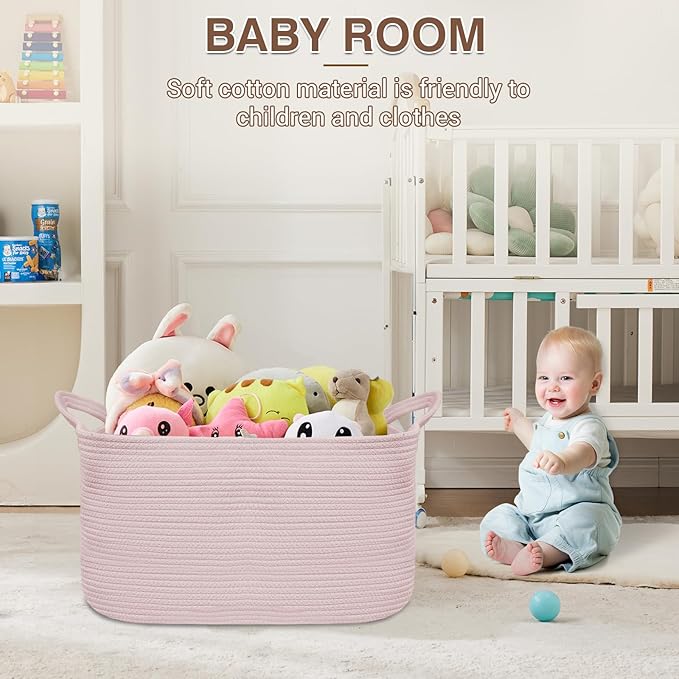 Large Laundry Hamper Blanket Basket，21.6''×14.9''×19.6'' Cotton Rope Woven Laundry Basket for Organizing, Rectangle Toy Basket for Living Room, Bedroom