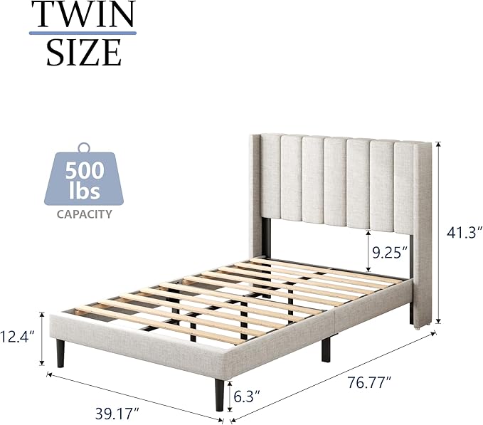 Twin Size Bed Frame with Upholstered Wingback Headboard, Easy Assemnly Platform Bed, Wooden Slat Support No Box Spring Needed, Sand