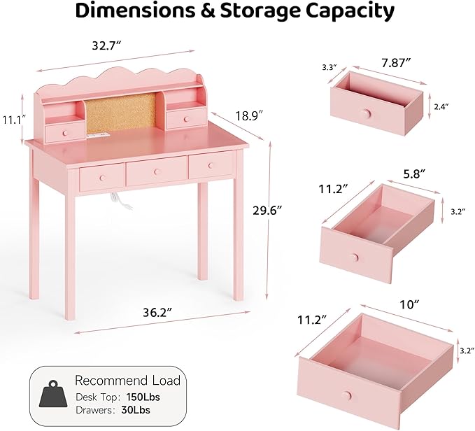 Home Office Furniture Writing Desk,Computer Work Station with Detachable Hutch,5 Drawers(Pink)