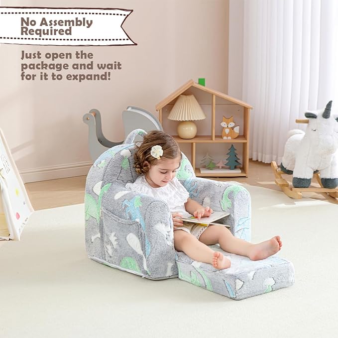 Toddler Chair Comfy,Toddler Couch Fold Out, 2-in-1 Kids Sofa,Flip Out Kids Couch,Sofa Convertible,Children Reading Chair for Age 1-3(Grey Dino)