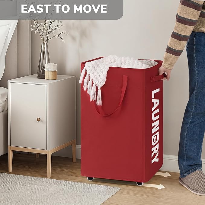 Goodpick Laundry Basket with Wheels,75L Large Roolling Laundry Basket with Removable Wash Bag, Clothes Hamper with Wheels for Laundry Room, Red