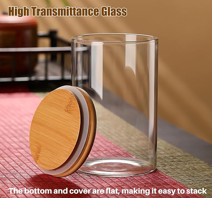 33 oz Glass Food Storage Jars with Airtight Lids, Clear Glass Jar with Bamboo Lid, Airtight Food Canister for Tea, Candy, Coffee, Sugar, Cookie, Snack. (Round | 5+6 Inch) SET of 3