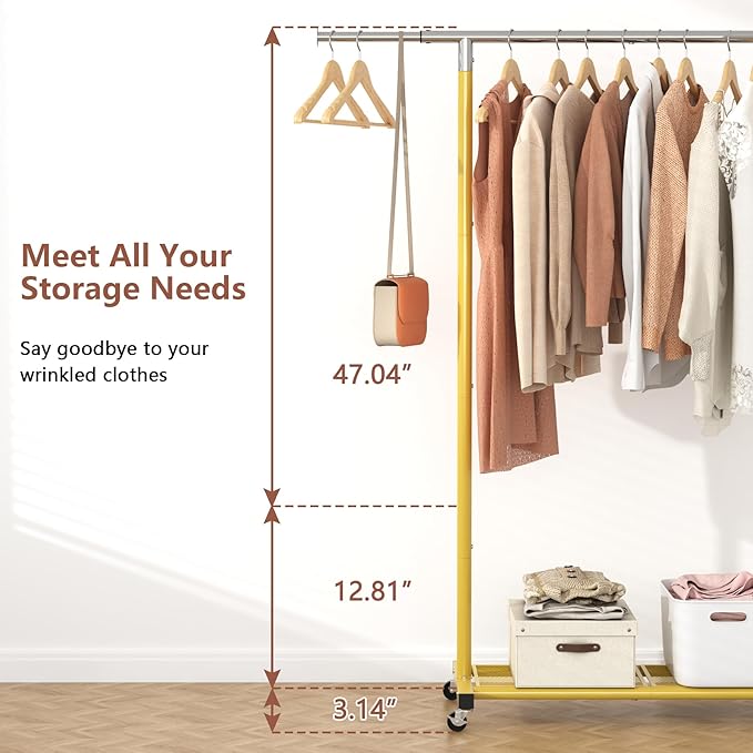 JIUYOTREE Rolling Clothes Rack with Dense Mesh Storage Shelf Clothing Garment Rack with Wheels Width Adjustable Clothing Organizer for Hanging Clothes Shirts Pants Skirts and Bags Gold