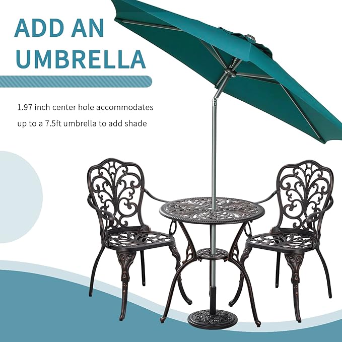 Bistro Set 3 Piece Outdoor Bistro Table and Chair Set of 2 Cast Aluminum Patio Furniture with Umbrella Hole,Patio Bistro Table Sets for Garden,Yard(Brown)