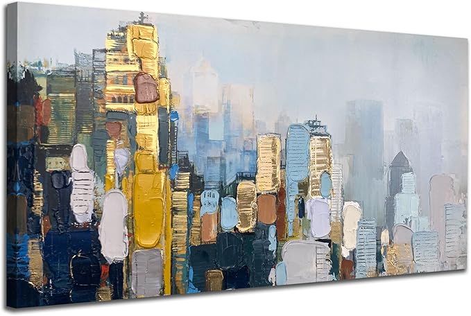 Arjun Abstract Wall Art 3D Textured Skyline Canvas Painting Gold Grey Colorful Modern Cityscape Metropolitan Picture City Artwork Framed Large for Living Room Bedroom Bathroom Home Office Wall Decor