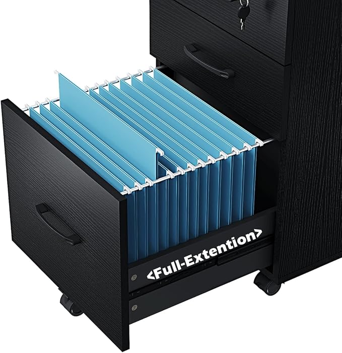 Panana 3 Drawer Wood Mobile File Cabinet, Under Desk Storage Drawers Small File Cabinet for Home Office (Black)