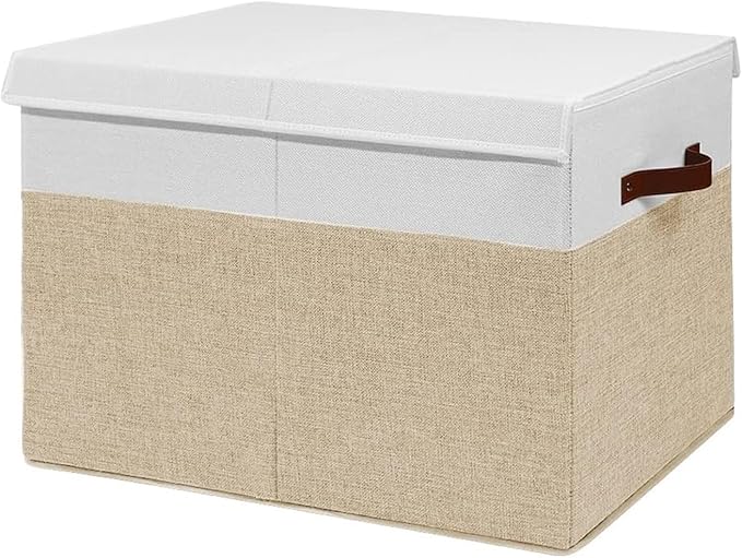 Large Toy Storage Box with Lid, Collapsible Sturdy Toys Storage Organizer Chest Bin Basket with Divider for Kids, Boys, Girls, Closet, Playroom, Bedroom, Nursery, 26"x17"x17" (Beige and White)