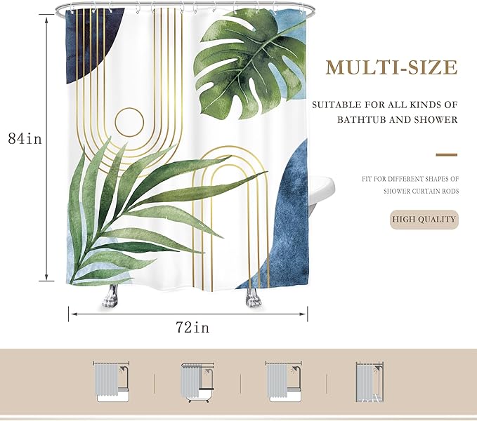 Glawry Extra Long Blue Green Shower Curtain Boho Mid Century Abstract Tropical Palm Leaf Modern Minimalist Plant Bathroom Geometric 72Wx84L Inches Bath Accessories Art Home Decor Fabric 12 Pack Hooks