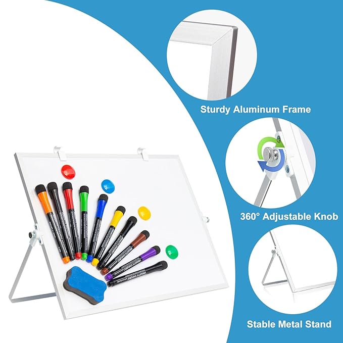 Magnetic Dry Erase Board, 16x12 Inch, Double-Sided Desktop Whiteboard with Stand, White Board for Kids, Home, School, Office