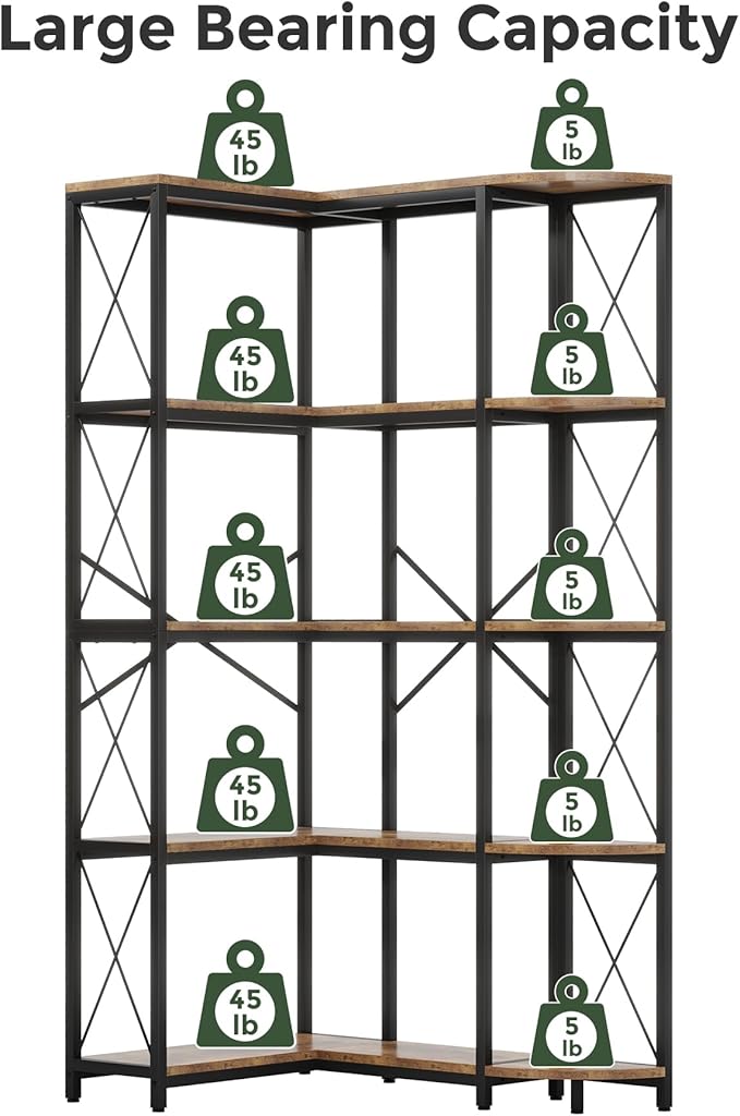 5-Tier Reversible Corner Bookshelf, Modern Industrial Bookcase, 5-Shelf Large L-Shaped Storage Shelf Display Rack with Metal Frame for Living Room, Home Office, Bedroom, Rustic Brown