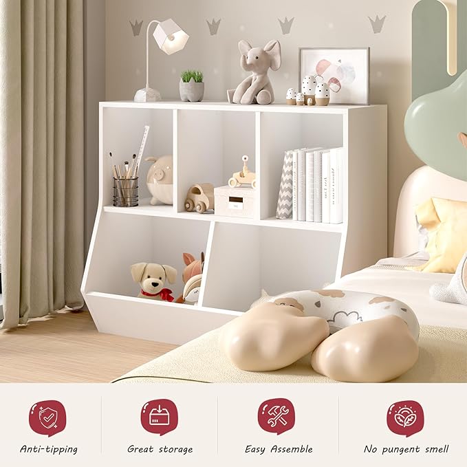 oneinmil Kids Bookshelf, Toy Storage Cubby, Children's Toy Shelf, 35.4" L Storage Cabinet, Fit for Children's Room, Hallway, Kindergarten and Playroom, White