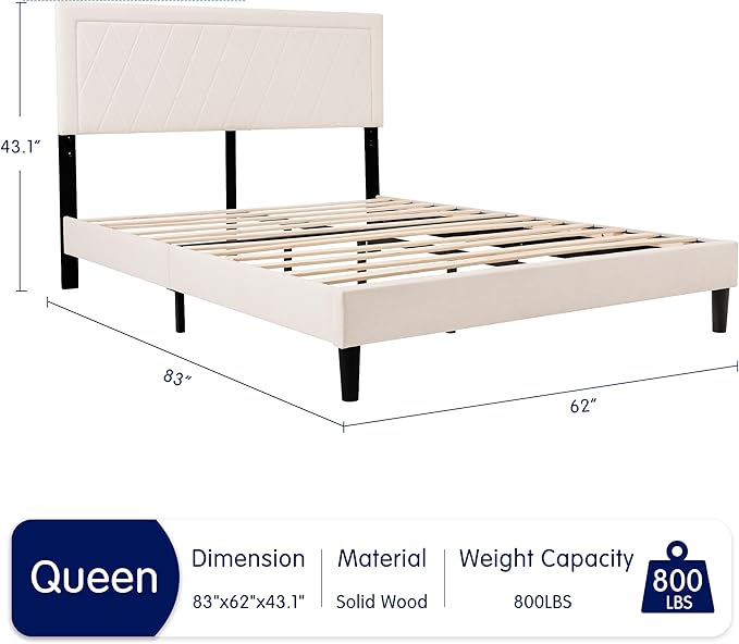 Hokway Bed Frame Upholstered Platform Bed with Headboard Wooden Slat Support No Box Spring Needed(Queen, Soft Beige)