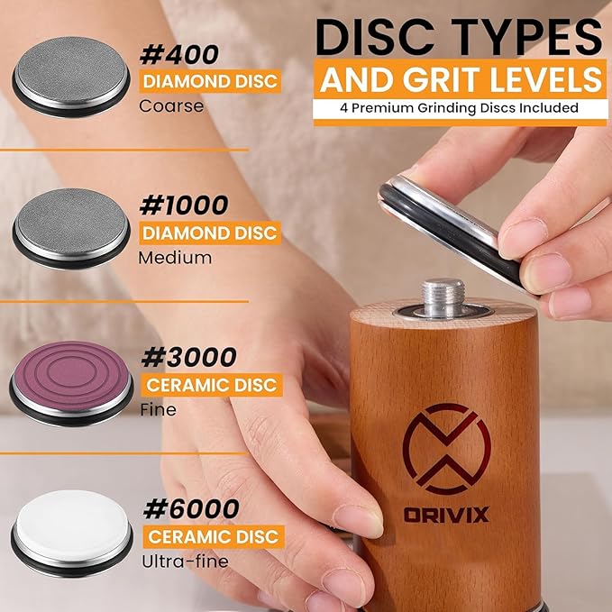 Rolling Knife Sharpener Kit – Magnetic 4-Angle Base, 3.86 Inches Longer Wooden Roller, 4 Grit Discs (1000/400 Diamond & 3000 Maroon / 6000 White Ceramic) and Leather Strop