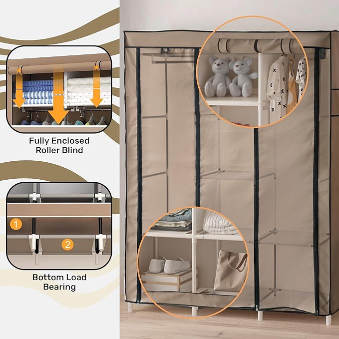 DivaDee Portable Wardrobe Closet with Cover – Freestanding Clothes Organizer with 8 Storage Shelves & Dual Hanging Rods – Spacious Closet for Bedroom, Dorm