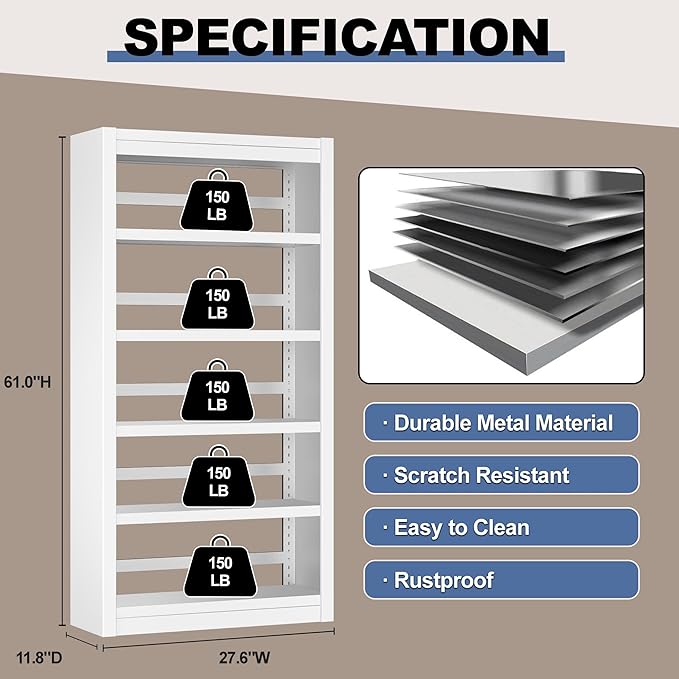 61" Metal Bookshelf and Bookcase | 5-Tier Adjustable Shelves, Deep Modern Storage Shelf for Living Room, Office, Bedroom (White)