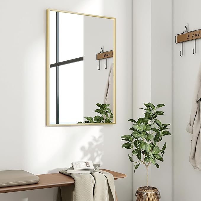 HARRITPURE 28"x20" Framed Bathroom Mirror for Wall Rectangle Mirror Aluminum Alloy Frame Wall-Mounted for Farmhouse Entryway Bedroom Living Room Gold