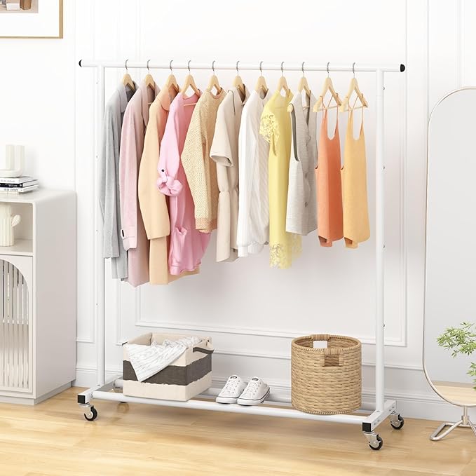 Buzowruil Metal Rolling Clothing Rack Adjustable Freestanding Garment Organizer with Wheels, Space-Saving Design for Home, Closet, Office, or Retail, White