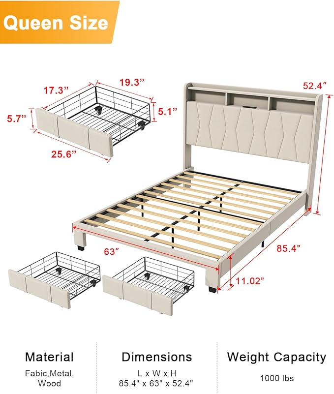Queen Bed Frame, Velvet Upholstered LED Platform Bed with Headboard Storage, Queen Bed Built-in Charging Station with 2 Drawers, Wood Slat Support, No Box Spring Needed, Beige