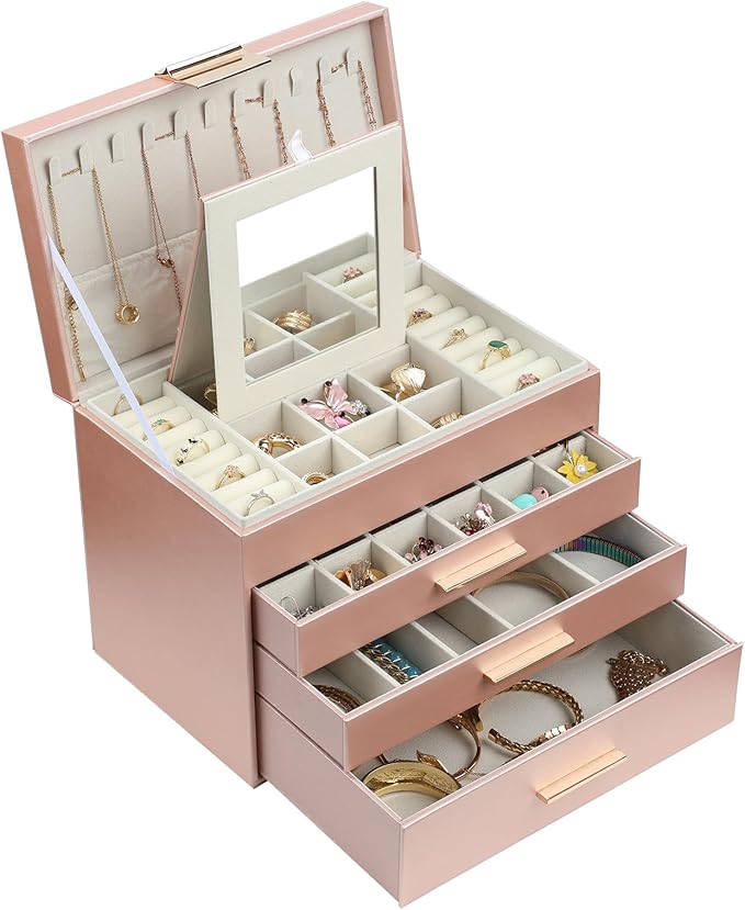 BOOVO Jewelry Boxes for Women, 5 Layer Jewelry Organizer with Necklace Hanger and Drawers, Large Jewelry Box for Earrings, Necklace and Bracelet Storage Gifts for Women and Girls (Rose Gold, 5 Layer)