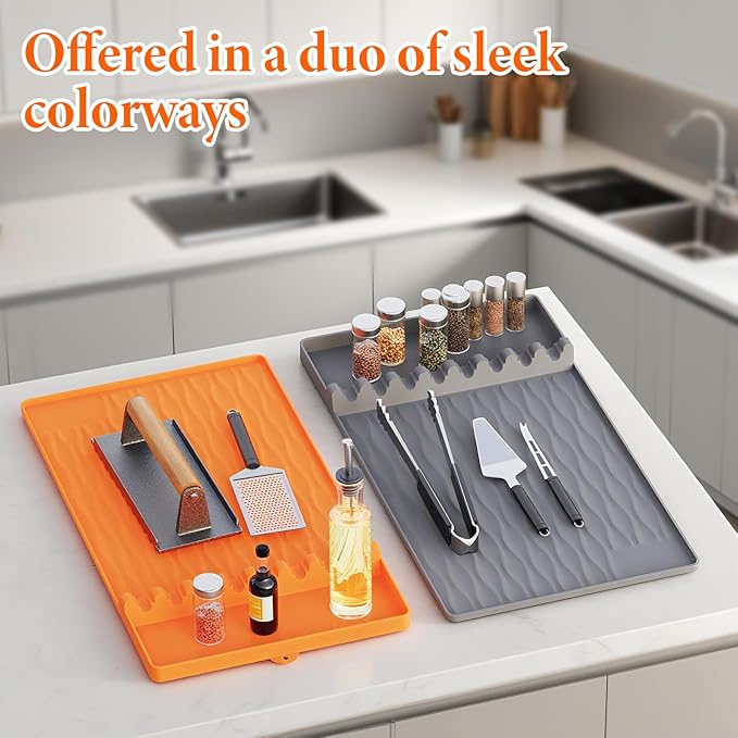 2-Pack Silicone Griddle Mat for Blackstone – Heat-Resistant Utensil Holder with Drip Tray, Non-Slip BBQ Tool Organizer for Grill, Kitchen Countertop & Outdoor Cooking Accessories（Grey&Orange）