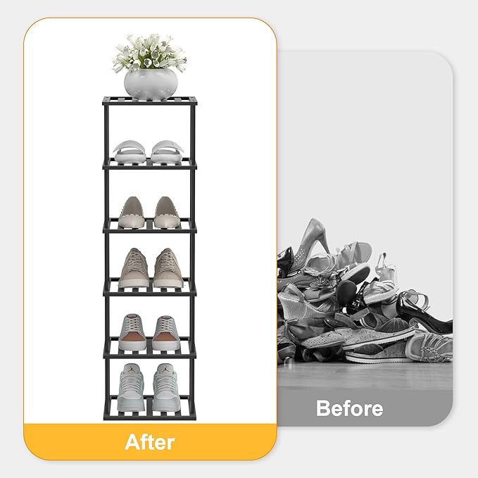 6-Tier Free Standing Shoe Racks, Bamboo Wood Shoe Rack for Entryway & Closet, Beautiful | Natural | Functional | Sturdy Shoe Rack Small Shoe Shelf for Small Spaces and Narrow Spaces Black