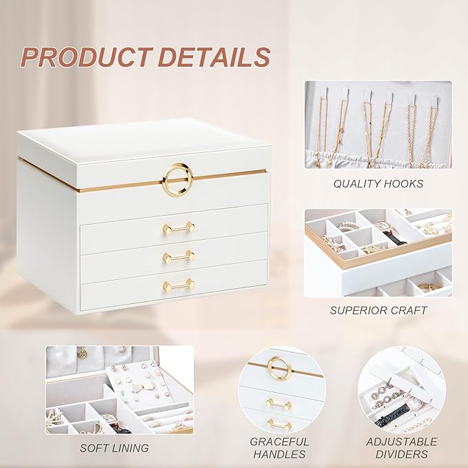 Jewelry Organizer Box, Women Jewelry Box White Jewelry Case 3-Layer with 3 Drawers, Jewelry Boxes for Women Jewelry Organizer, White