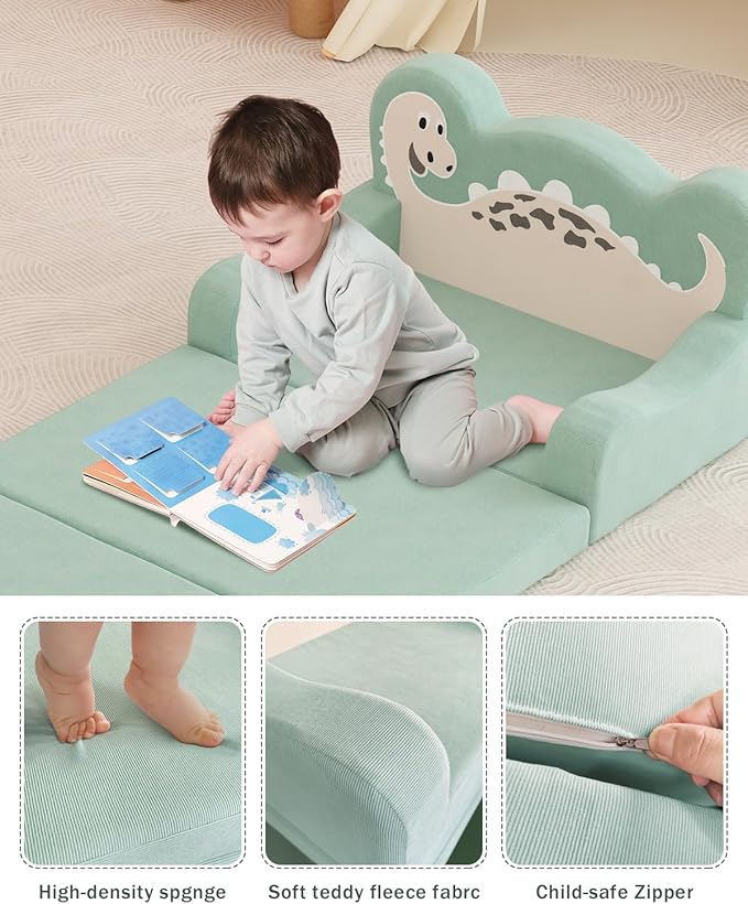 2-in-1 Kids Couch Fold Out, Convertible Toddler Couch to Lounger, Toddler Chair Comfy, Kids Sofa for Girls and Boys, Gift for Birthday, Children's Day, Dinosaur Green