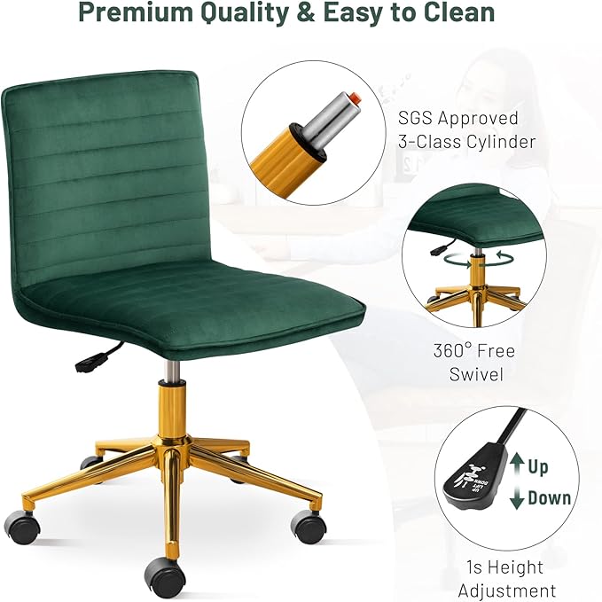 Furniliving Armless Vanity Chair with Wheels, Computer Rolling Desk Chair with Back Soft Velvet Fabic Height Adjustable Gold Metal Base Swivel Stool Chairs,DarkGreen