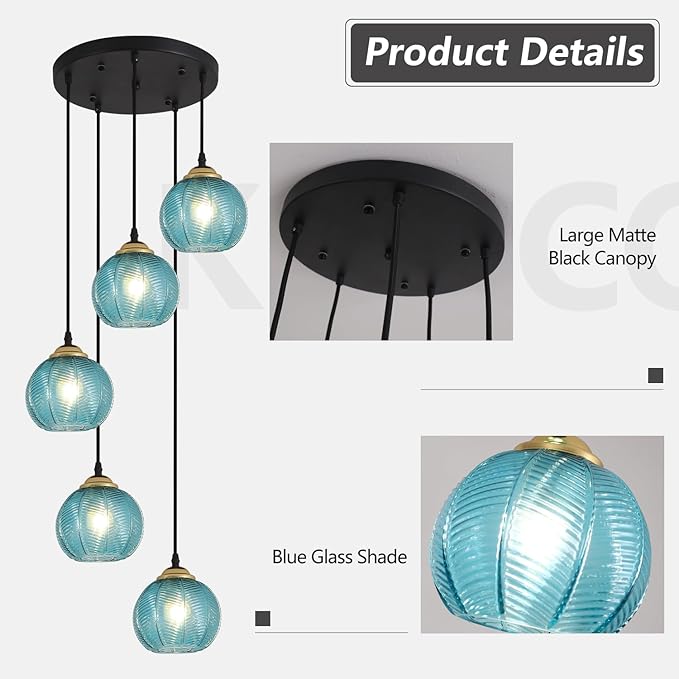 KCO Lighting Modern Blue Glass Chandelier Globe Cluster Pendant Light Black and Gold Kitchen Pendant Lighting Nordic Ribbed Glass Pendant Light Large Round Chandelier
