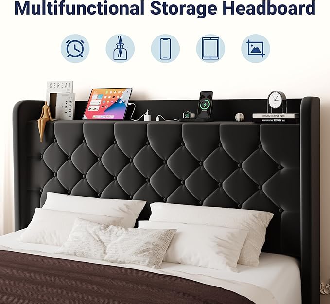 Allewie Full Size Bed Frame, Storage Headboard with Charging Station, Wingback Velvet Upholstered, Diamond Stitched Button Tufted, Sturdy Wooden Slats, No Box Spring Needed, Easy Assembly, Black