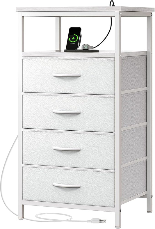 Huuger Night Stand with Charging Station, Multiple Drawer Dresser for Bedroom, Bedside Table, Tall Nightstand with PU Leather Finish, Open Shelf, End Table, for Closet, Entryway, Bedroom, White