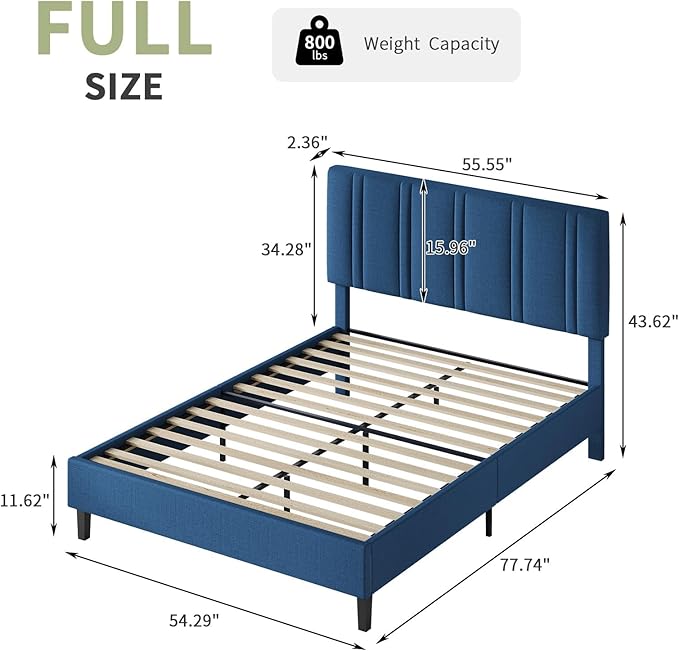 Full Bed Frame with Headboard and Storage, Upholstered Platform Bed with Tufted Headboard, Fabric Bed Frame with Wooden Slats Support, No Box Spring Required, Easy Assembly, Blue