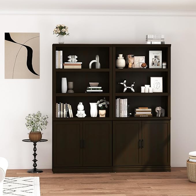 blini 5 Shelf Tall Bookcase with Doors Cherry Wood Bookshelf 31in Wide Display Standing Storage Shelf 72in Tall Wood Book Shelves for Bedroom Living Room Office Library