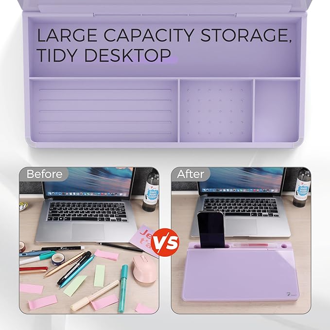 TOWON Small Compact Glass Desktop Whiteboard with Storage – 12 x 7 in Dry Erase Board for Desk, Home Office, School | Includes 5 Markers, Eraser & Holder | Space-Saving Organizer, Aesthetic Lavender