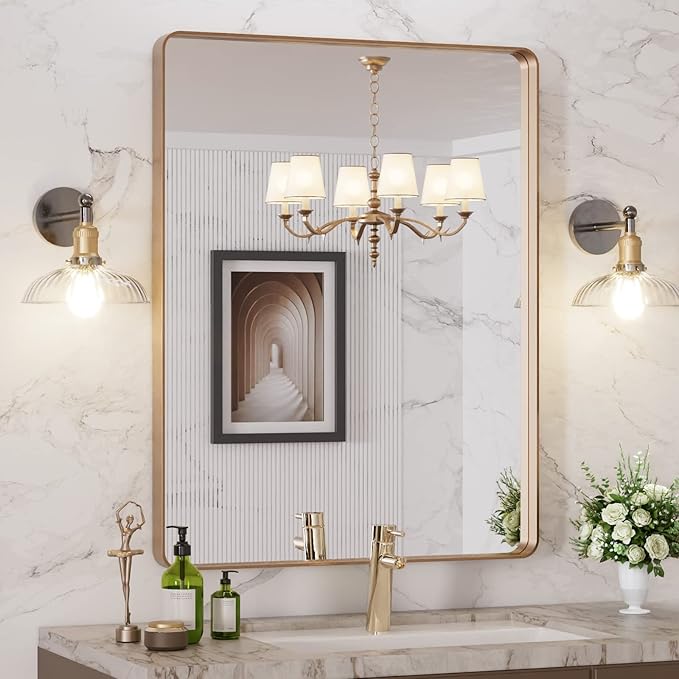 LOAAO 28”X36” Gold Bathroom Mirror, Rounded Rectangle Gold Frame Mirror, Brushed Gold Bathroom Vanity Mirror Wall-Mounted, Anti-Rust, Hangs Horizontally or Vertically