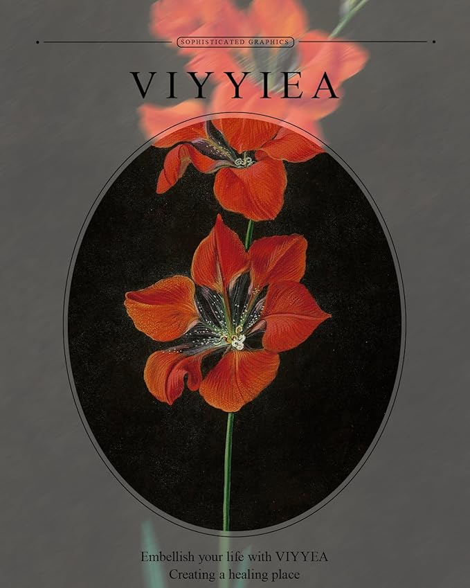 VIYYIEA Gold Framed Wall Art Canvas Print Home Decor Red Flower Wall Art Black Background Floral Scenic Oil Painting Aesthetic Wall Decor Modern Wall Pictures for Bedroom Bathroom and Office 11x14in