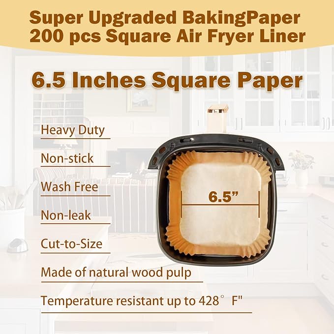 200 Pcs 6.5" Air Fryer Liner,Square Baking Parchment Airfryer Paper Unbleached Disposable Non-stick & Non-Leak & Non-Washing Paper Liner for 3-5 QT Air Fryer Basket