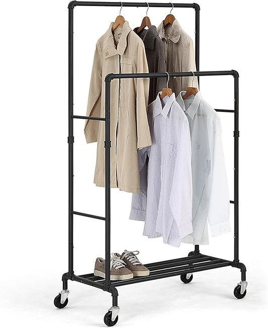 SunnyPoint Industrial Loft Style Rolling Garment Rack - Rolling Clothes Organizer (Double Rack)